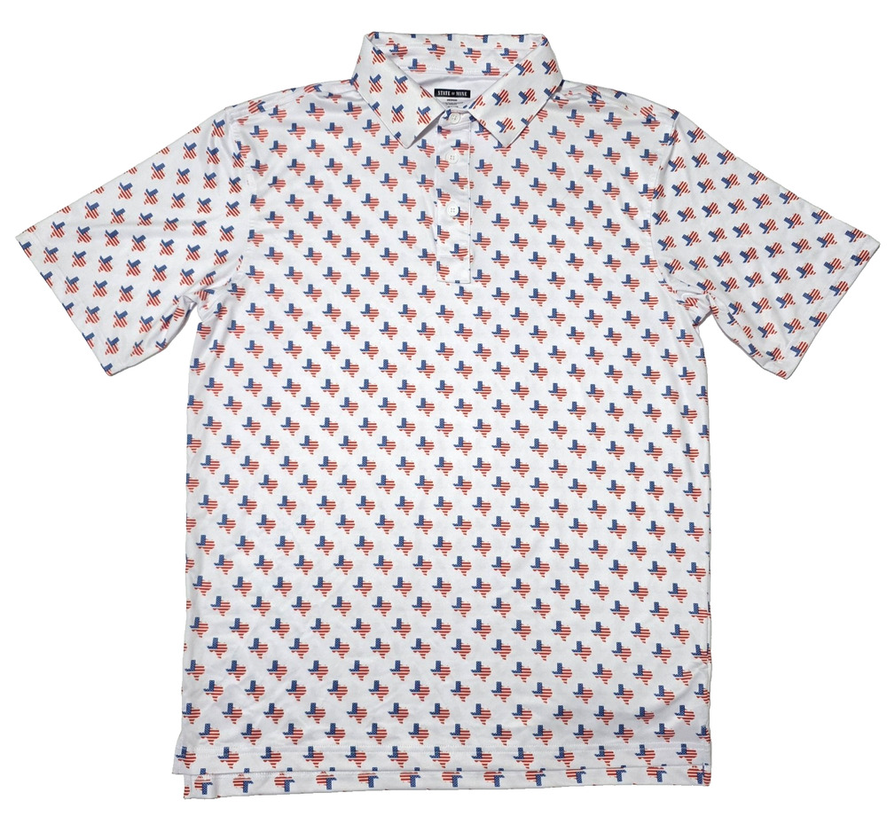 State Of Mine Texas Performance Golf Polo Shirt Men M White AOP Short Sleeve